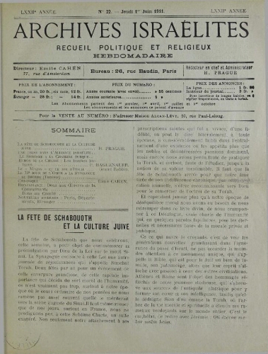 Archives israélites de France. Vol.72 N°22 (01 juin 1911)